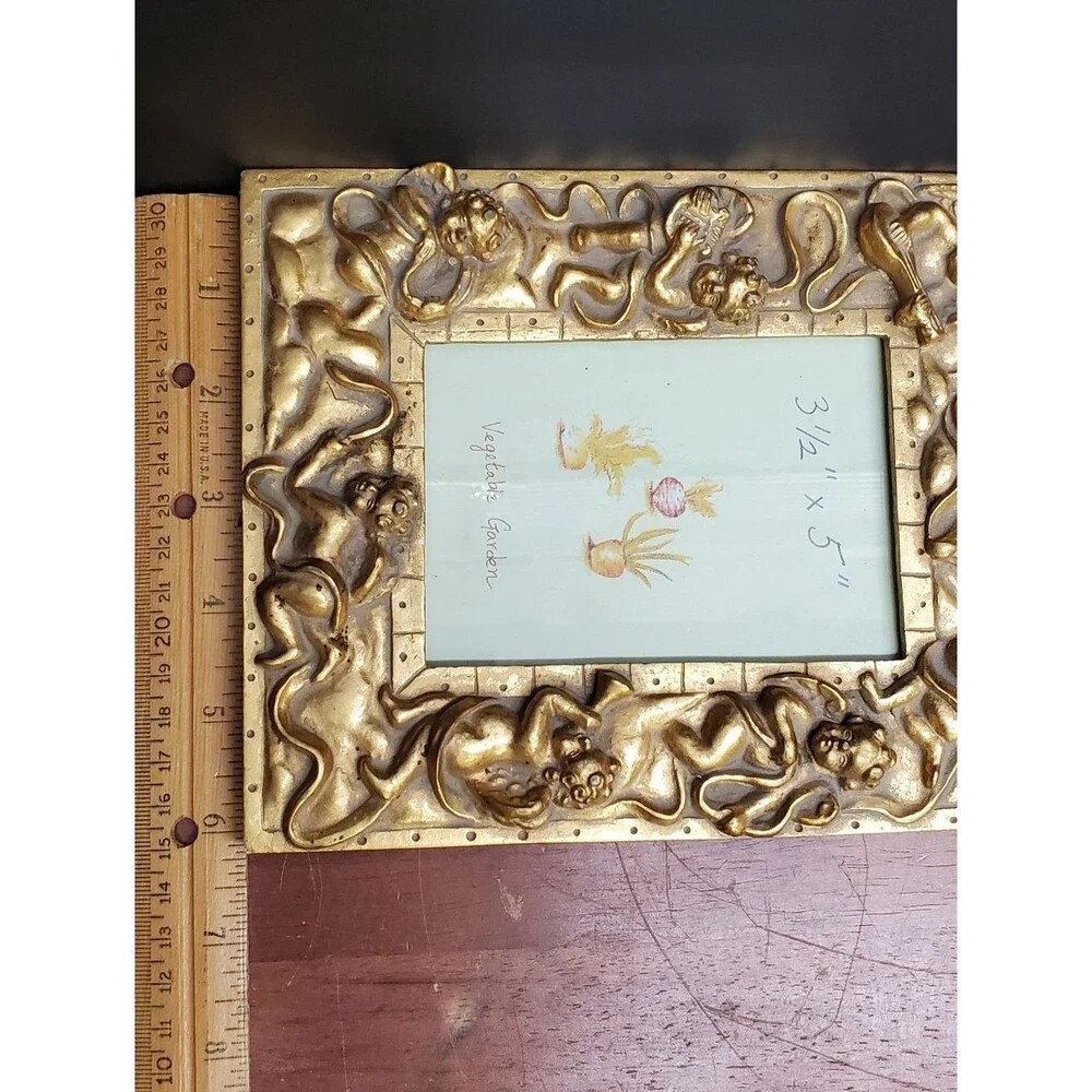 Decorative Ornate Cherubs Gold Picture Photo Frame Holds 3.5